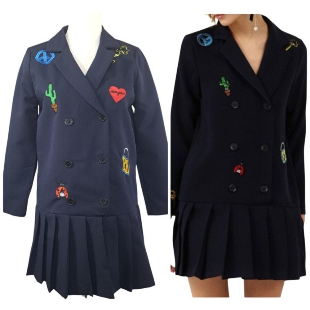 Blanc Jo Studio Blazer Dress Medium Blue Embroidered Double Breasted Pleated